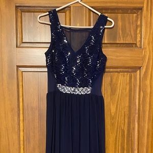 Navy Blue Sequin Lace Illusion Gown